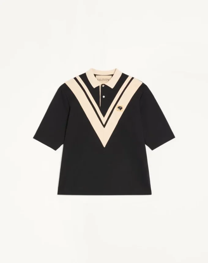 Bawełniana koszulka polo Valentino z wstawką w kształcie litery V i naszytą naszywką z motywem pantery Bawełniana koszulka polo Valentino z wstawką w kształcie litery V i naszytą naszywką z motywem pantery
