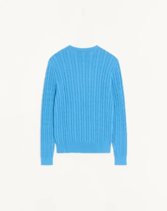 Bawełniany sweter Valentino z okrągłym dekoltem, dzianiną warkoczową i logo VLogo na piersi Bawełniany sweter Valentino z okrągłym dekoltem, dzianiną warkoczową i logo VLogo na piersi