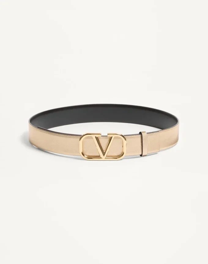 Dwustronny pasek Vlogo Signature z metalicznej i błyszczącej skóry cielęcej 30 mm