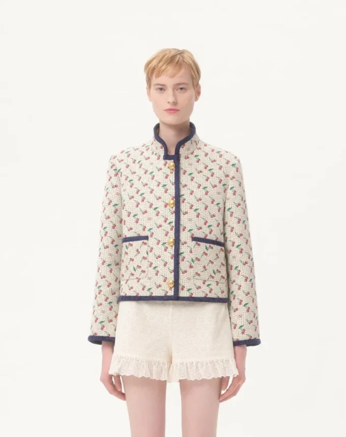 Pikowana kurtka typu caban z nadrukiem Cherryfic Jacquard Pikowana kurtka typu caban z nadrukiem Cherryfic Jacquard
