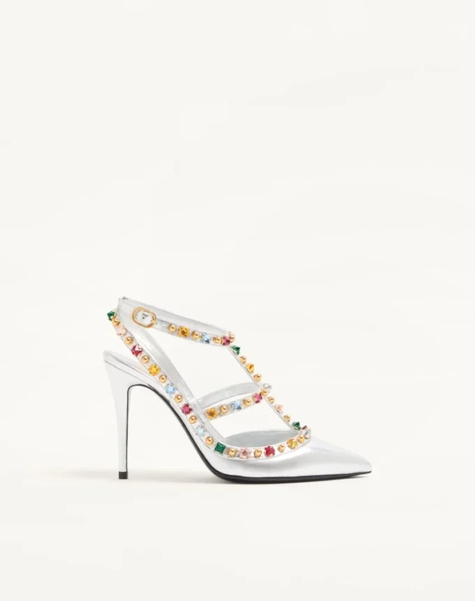 Rockstud Décolleté z laminowanej skóry nappa z kaboszonem i kryształami 100 mm Rockstud Décolleté z laminowanej skóry nappa z kaboszonem i kryształami 100 mm