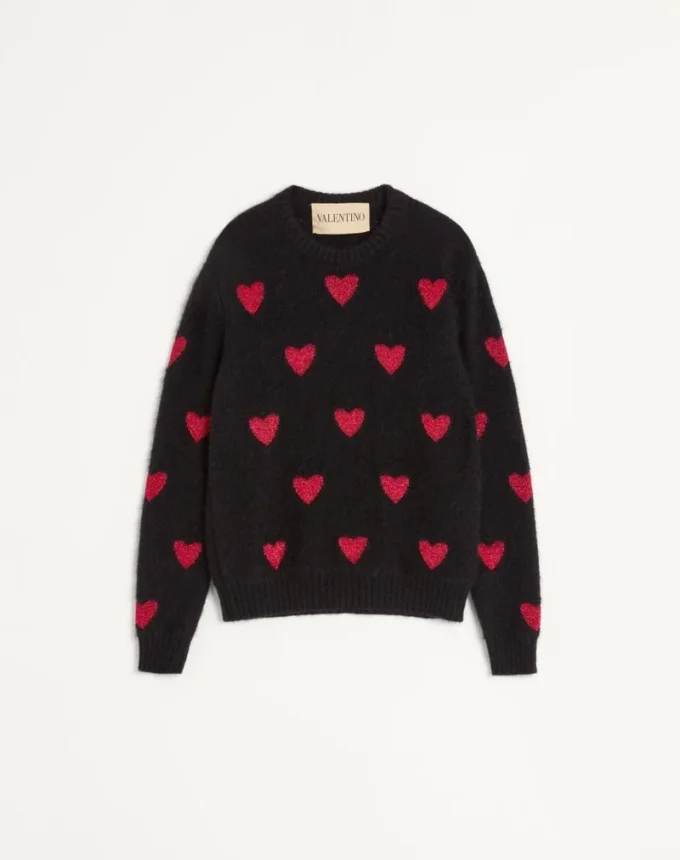 Sweter z wełny moherowej i lureksu z wzorem żakardowym w serca Sweter z wełny moherowej i lureksu z wzorem żakardowym w serca