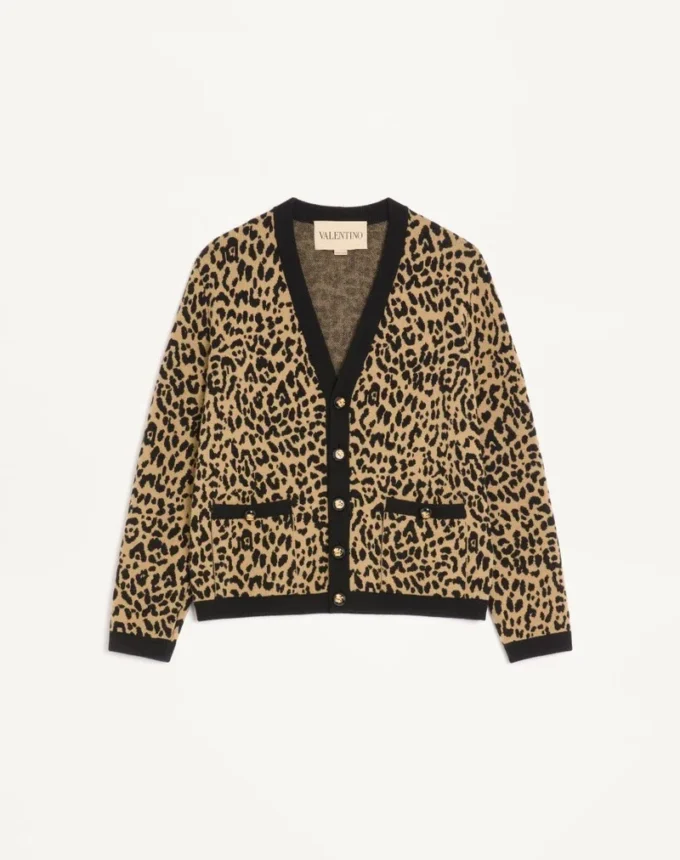Wełniany kardigan Valentino z żakardowym wzorem Fauve Eclat Animal Print Wełniany kardigan Valentino z żakardowym wzorem Fauve Eclat Animal Print