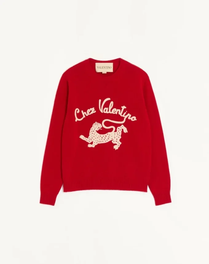 Wełniany sweter Valentino z haftem Chez Valentino i panterą Wełniany sweter Valentino z haftem Chez Valentino i panterą