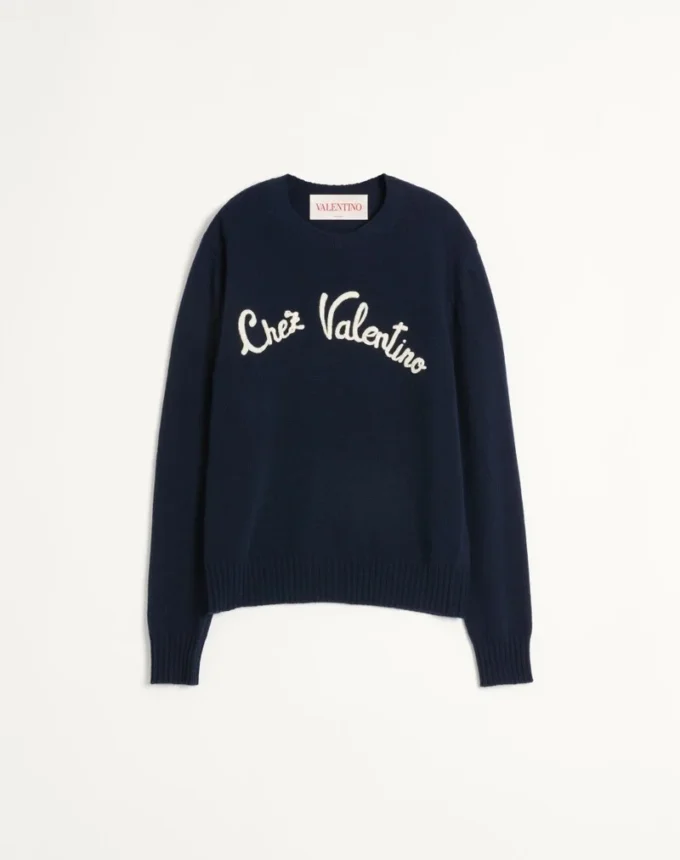 Wełniany sweter z okrągłym dekoltem i haftem Chez Valentino Wełniany sweter z okrągłym dekoltem i haftem Chez Valentino